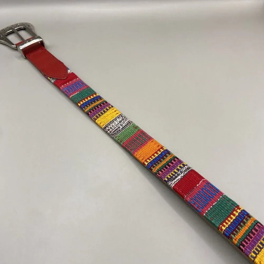 Ribco Belt Red Genuine Leather Size Youth M/L Multicolored Woven Tapestry Fabric